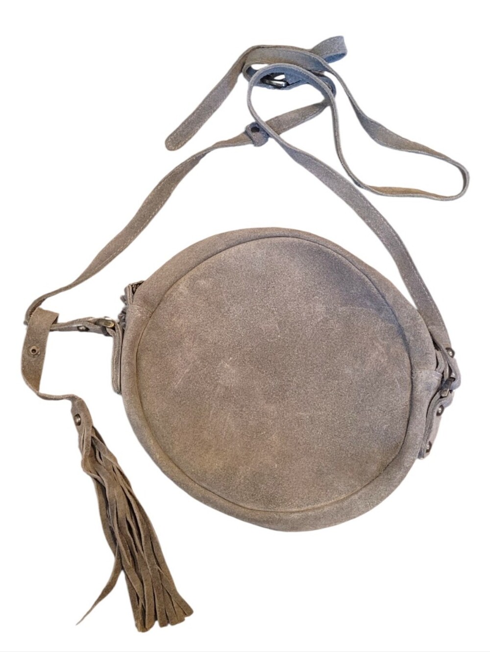 Roost Boho Round Gray Suede Crossbody Bag with Tassel